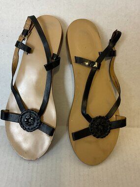 Jack Rogers Strappy Sandals 7.5 Black Leather Tan Footbed